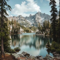 Wall Mural - Serene mountain lake with a reflection of the peaks in the still water, surrounded by lush greenery.