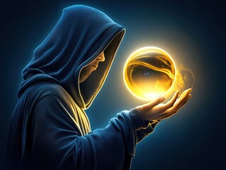 Hooded figure holding a glowing orb, symbolizing magic and mystery, with a dark background highlighting the golden light.