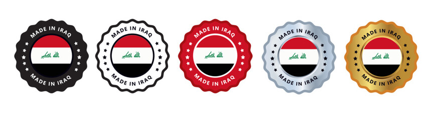 Made in iraq set of sign stamp badge, with varian color red, silver, gold, black suitable for products manufactured, military, agriculture or food vector illustration eps editable text