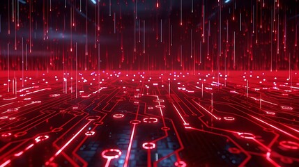 Poster - Abstract red circuit design with glowing lines and digital rain, perfect for technology and futuristic themes. Stage for product presentation.