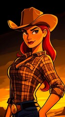 background image of a cowboy woman, western illustration style, western.  