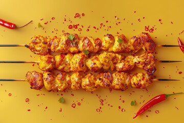 Delicious marinated chicken skewers on a vibrant yellow background garnished with chili and herbs, perfect for food photography.