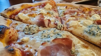 A delicious slice of pizza from Roman Street, topped generously with mozzarella, prosciutto cotto, and gorgonzola cheese. The slice showcases a rich blend of textures and flavors, with melted mozzarel