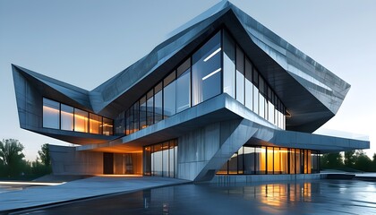 Canvas Print - Contemporary Concrete Marvel with Angular Designs and Illuminating Windows Showcasing Innovative Architecture