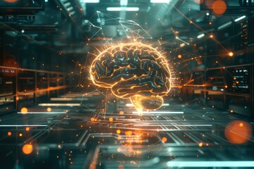 Poster - Futuristic digital rendering of a brain illuminated with energy, symbolizing artificial intelligence and technological advancement.