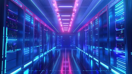 Poster - Futuristic data center with glowing neon lights illuminating server racks in a highly technological environment.