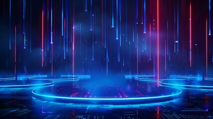 Futuristic digital background with vibrant neon lines and glowing circles, perfect for technology and sci-fi themes. Stage for product presentation.