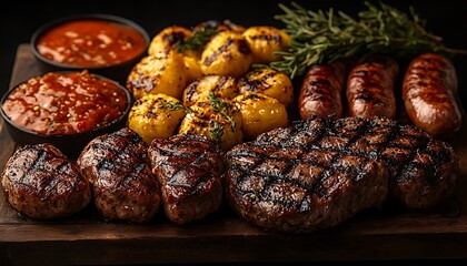 Grilled steak, sausages, and potatoes with two bowls of sauce on wooden board.