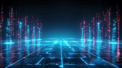 Poster - futuristic digital landscape featuring glowing lines and vibrant colors, creating a high-tech atmosp