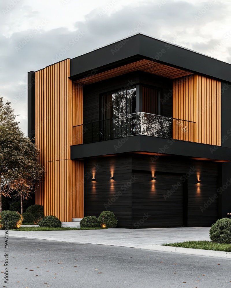 Modern Black and Wood Home Exterior Design with Garage and Balcony
