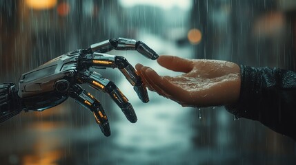 Human and Robot Hand Reaching Out In The Rain