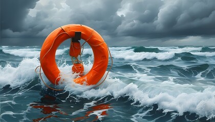 Resilient life ring floating amidst turbulent ocean waves beneath ominous storm clouds