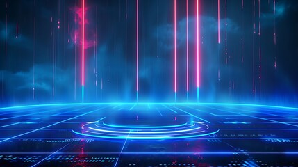 Futuristic digital landscape with glowing lines and circular patterns, perfect for tech and sci-fi projects. Stage for product presentation.