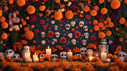 Wall Mural - Festive Dia de los Muertos altar with candles, marigolds, and decorative skulls