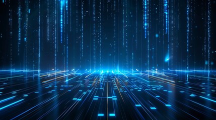 Poster - Futuristic digital landscape with glowing lines and particles. Ideal for technology and data visualization projects. Stage for product presentation.