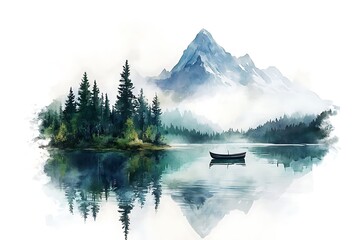 Watercolor painting of landscape with fisheman in a boat. in watercolor style. Watercolor illustration