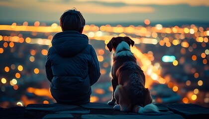 Urban nightscape featuring a boy and his dog gazing at city lights in solitude