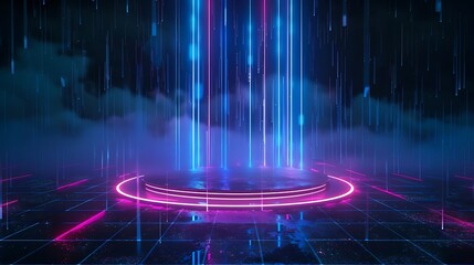 Poster - Futuristic neon background featuring a glowing circular platform with vibrant light beams and mist, perfect for sci-fi themes. Stage for product presentation.