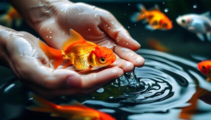 Delicate touch of a hand cradling a goldfish in shimmering water