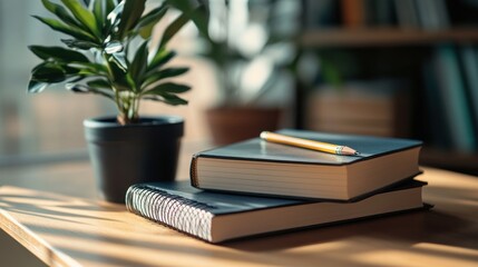 Canvas Print - Close-up of a Notebook and Pencil on a Wooden Table