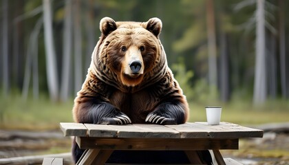 Wall Mural - Lonely brown bear sitting contemplatively on a rustic wooden table