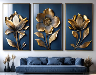 set three modern floral wall art panels blue gold