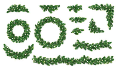 Wall Mural - Christmas tree decoration on transparent background. Holiday fir tree garland, festive corner, Christmas wreath. Winter season frame, realistic spruce branch with Christmas lights and glow. Vector.