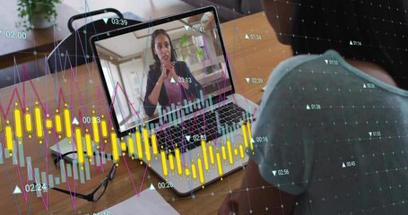 Poster - Animation of financial data processing over african american businesswoman having video call