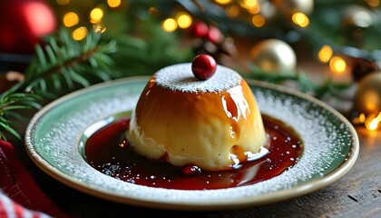 Wall Mural - Delicious Christmas pudding elegantly presented on a festive plate