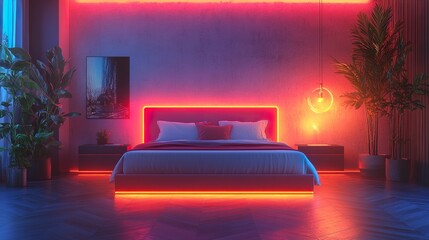 Wall Mural - Chic bedroom featuring modern lighting and plush bedding for a stylish and contemporary vibe.