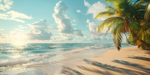 Poster - Tranquil Tropical Landscape White Sand Sunshine Sea Sky and Palm Trees