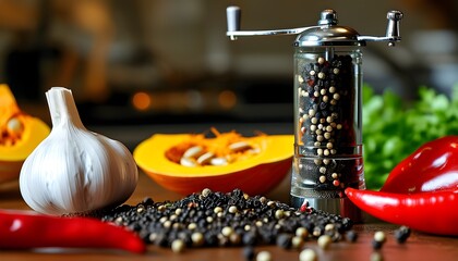 Vibrant kitchen tableau featuring close-up of peppercorn seeds, a pepper grinder, pumpkins, garlic, and red chili peppers