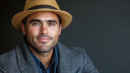 Wall Mural - A man wearing a hat and a gray jacket is smiling. He looks happy and confident. The hat is brown and has a black band. The man is standing in front of a black background