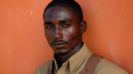 Poster - A man with a beard and a brown shirt is standing in front of a red wall. He looks serious and focused