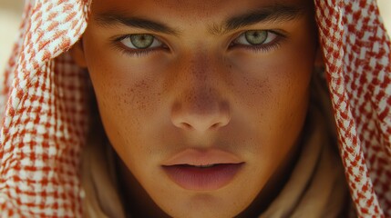 Poster - A young man with green eyes is wearing a red and white scarf. He has a serious expression on his face