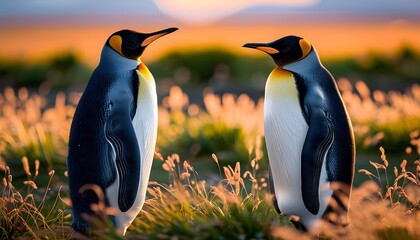 Majestic King penguins silhouetted against a stunning sunset in a tranquil field