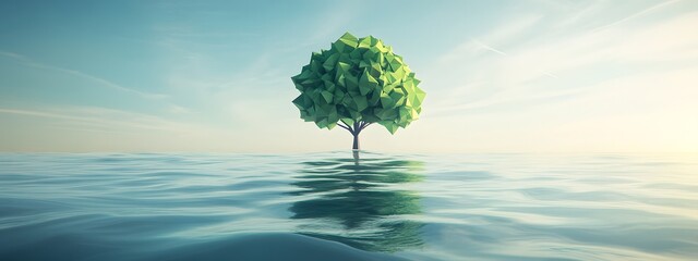 A low-polygonal tree on water with green polygonal leaves, simple background, sky, clouds