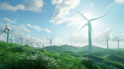 Array of wind turbines on a grassy hillside, producing clean energy with a backdrop of a bright sunny sky