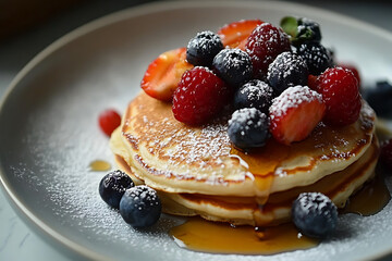 Wall Mural - A stack of pancakes topped with fresh berries and syrup, served on a plate.