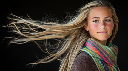 Wall Mural - A girl with long blonde hair and a colorful scarf is smiling. The image has a bright and cheerful mood