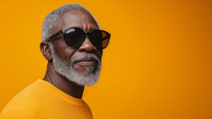 Poster - A man with a beard and gray hair is wearing sunglasses and an orange shirt. The image has a warm and friendly mood, as the man is enjoying himself and looking relaxed