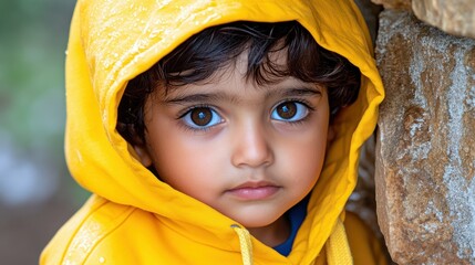 A young child wearing a yellow hoodie is looking at the camera. The child has brown hair and brown eyes