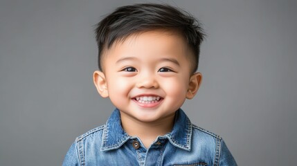 Wall Mural - A young boy with a blue shirt and short hair is smiling