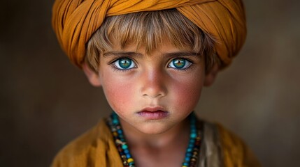 A young boy with blue eyes and a red face stands in front of a wall. He is wearing a turban and a necklace