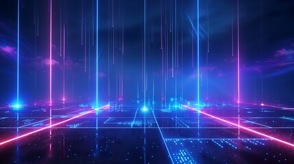 Vibrant neon lines and glowing grids create a futuristic digital landscape with a sci-fi ambiance. Stage for product presentation.