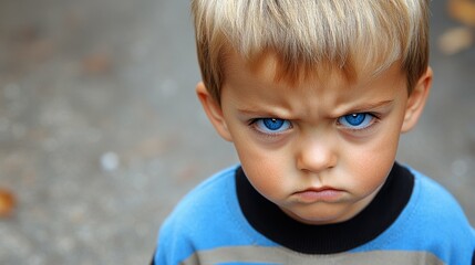 Poster - A young boy with a blue eye stares at the camera with a frown on his face. He is angry or upset about something