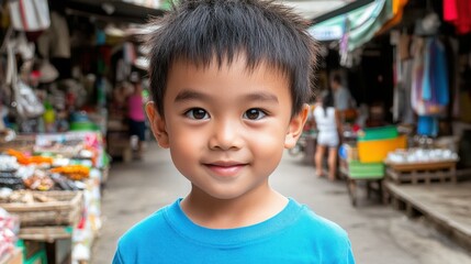 Poster - A young boy is smiling in front of a market. The boy is wearing a blue shirt. The market is filled with people and various items for sale