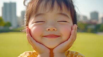 Wall Mural - A young girl with a big smile on her face is holding her hands together. She looks happy and content