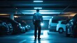 © AGCreative - A security guard stands in a dimly lit parking garage, illuminated by soft blue light, ensuring safety in a secluded area.