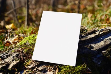 This mock-up shows a blank picture frame on a table at a foliage background